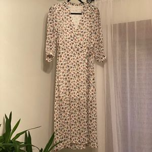 Midi white floral wrap dress